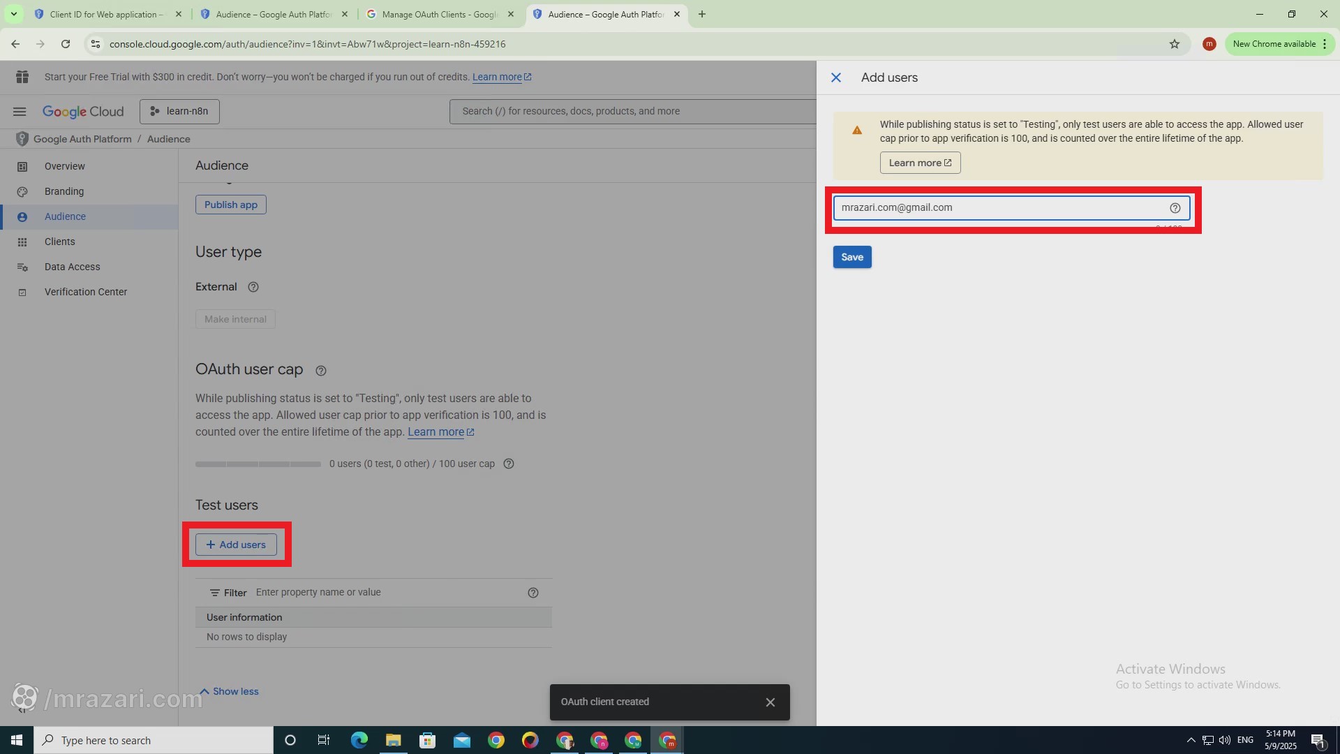 اضافه کردن کاربر به بخش audience در google cloud console
