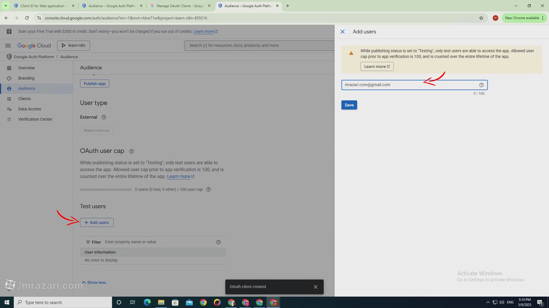 رفتن به بخش audience در google cloud console