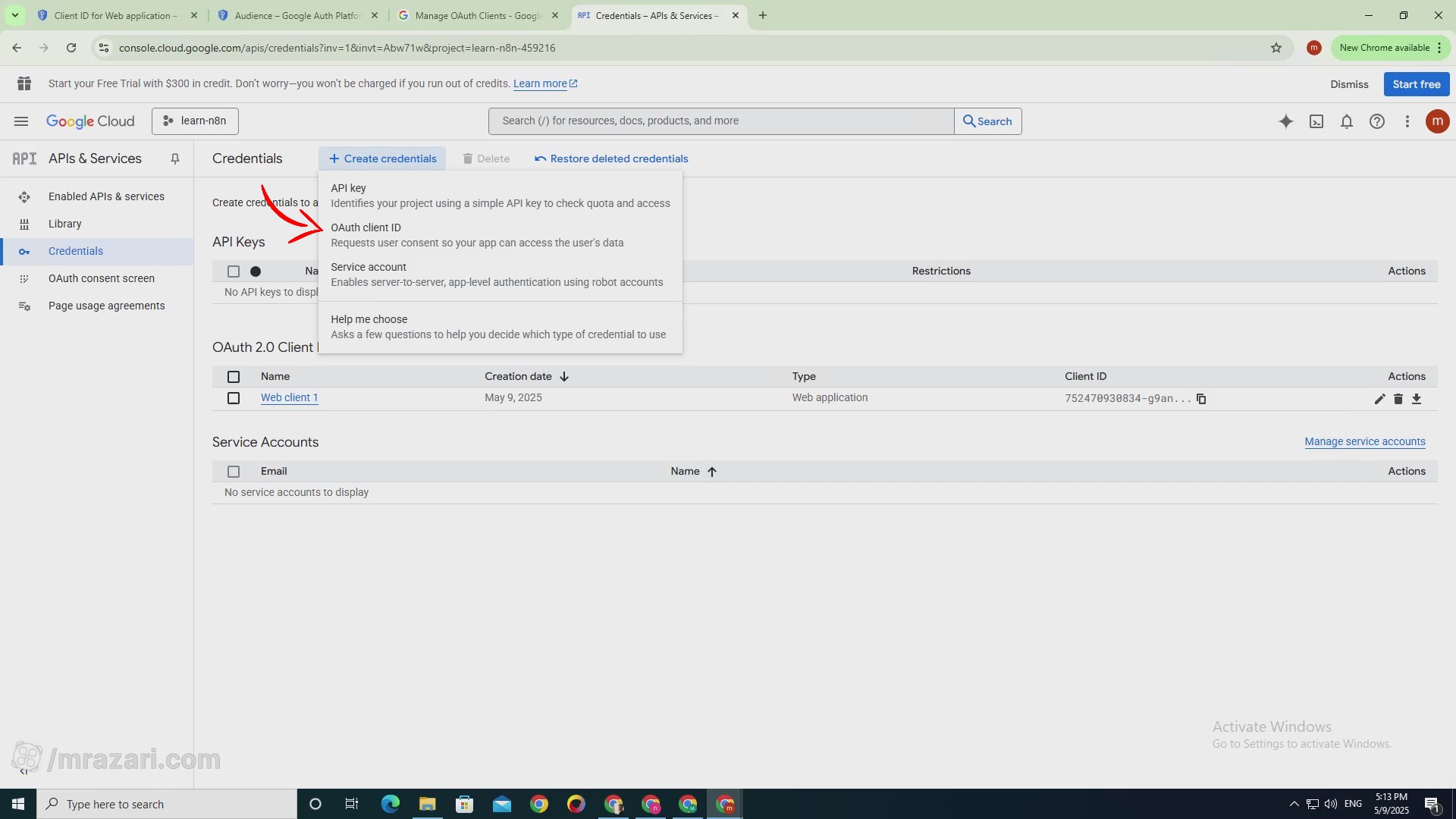باز کردن credentials در open cloud console