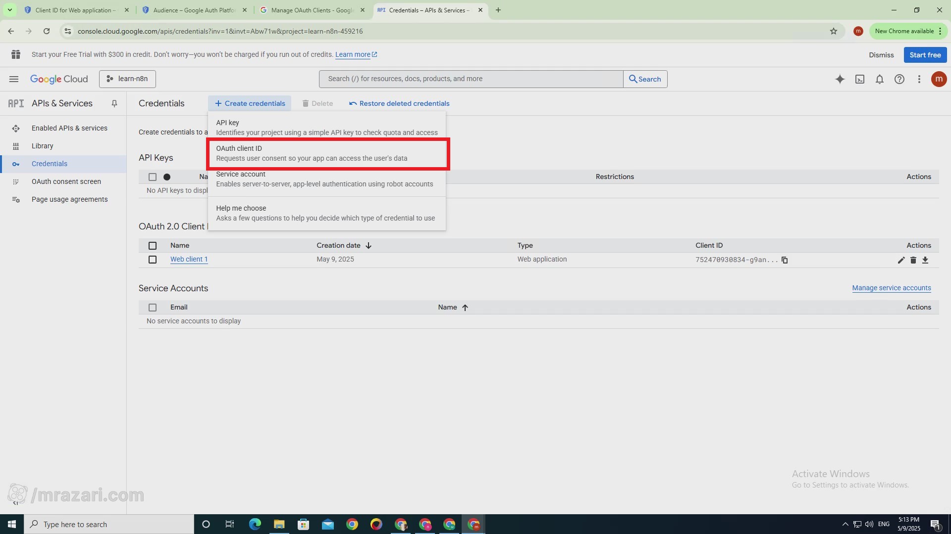انتخاب oauth client id در google cloud console